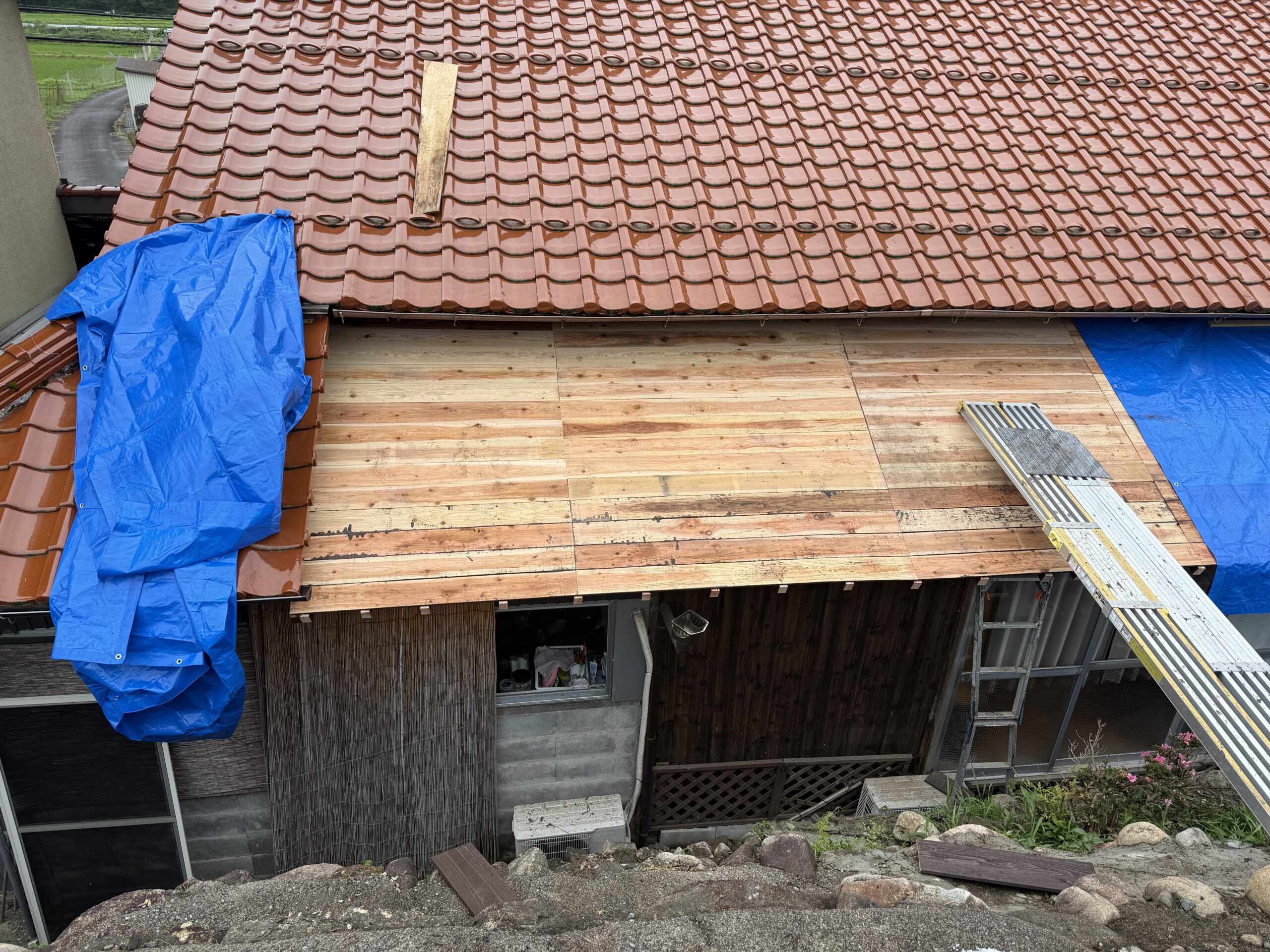 下屋根の野地板貼りが全面完了した状態
