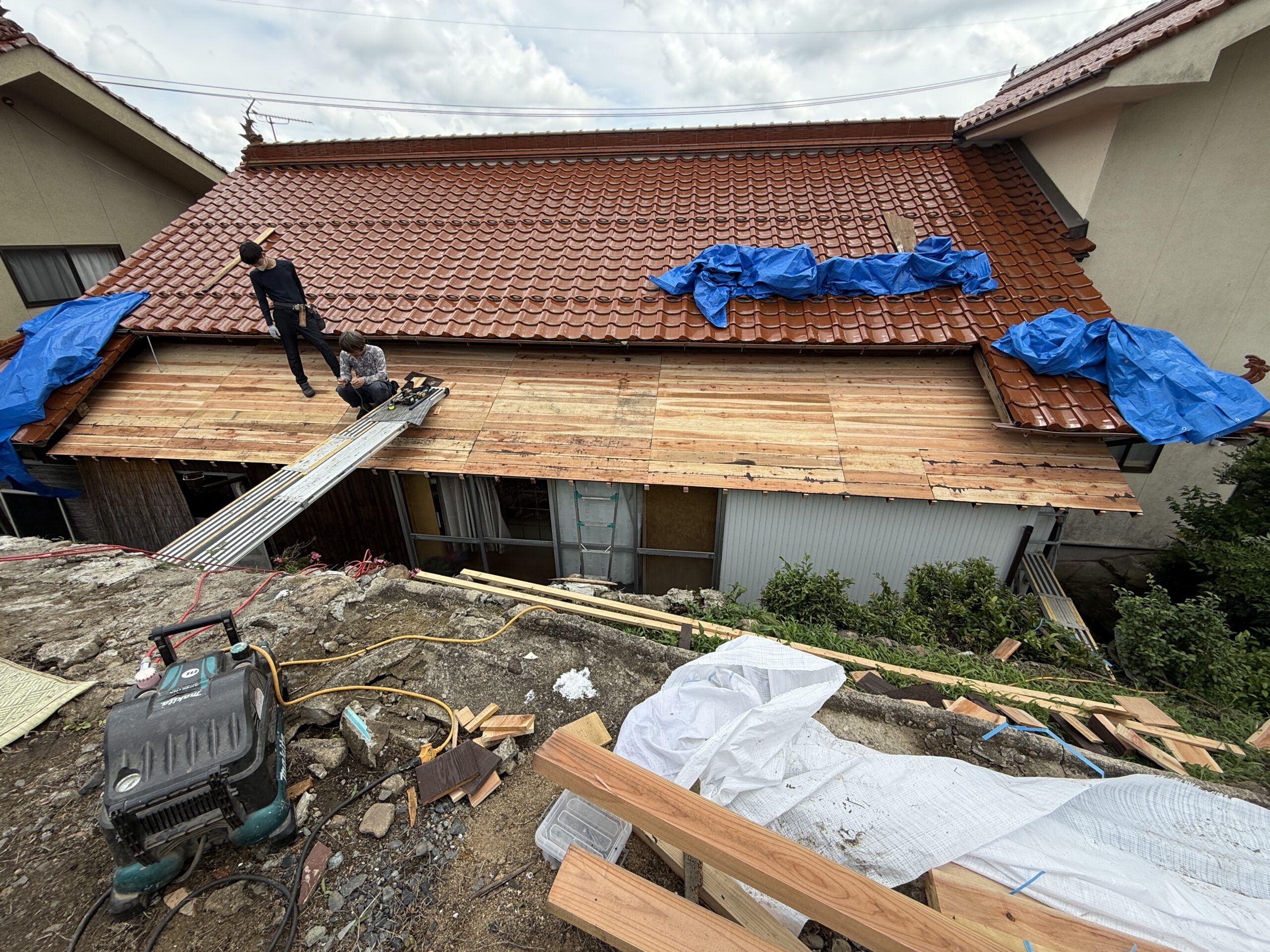 下屋根全体の野地板貼り完了を俯瞰した様子（既存瓦はブルーシートで養生）